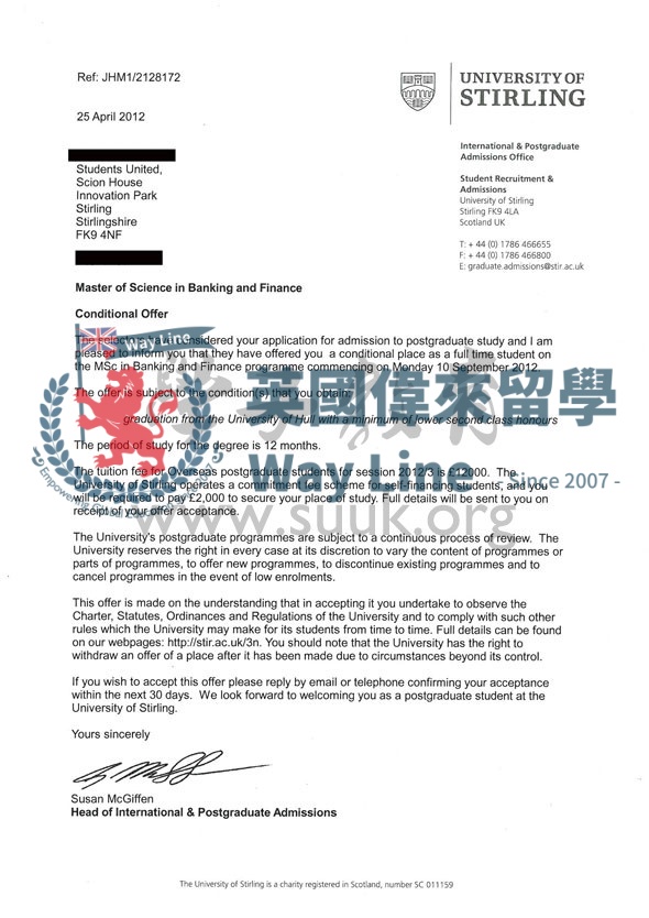 英國斯特林大學銀行與金融學碩士