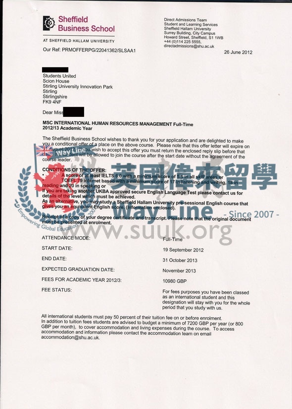 英國謝菲爾德哈勒姆大學國際人力資源管理碩士