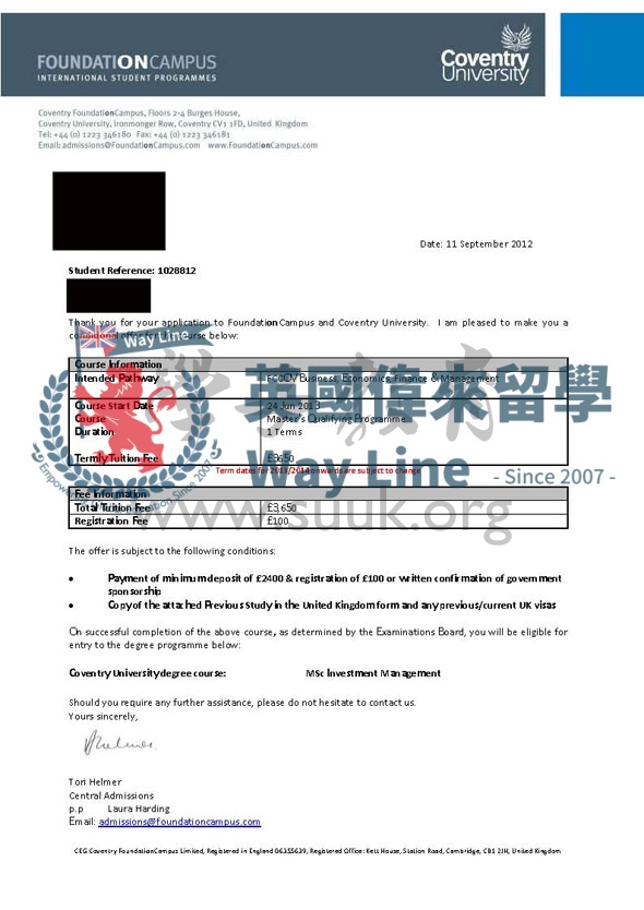 英國考文垂大學投資管理預科+碩士