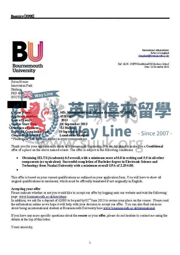 英國伯恩茅斯大學人力資源管理碩士