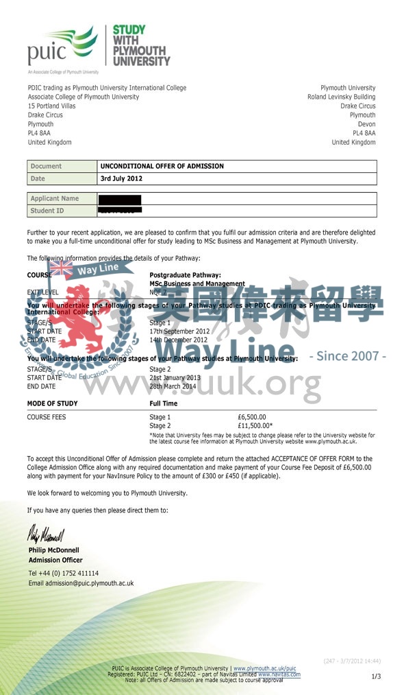 英國普利茅斯大學商務和管理預科+碩士