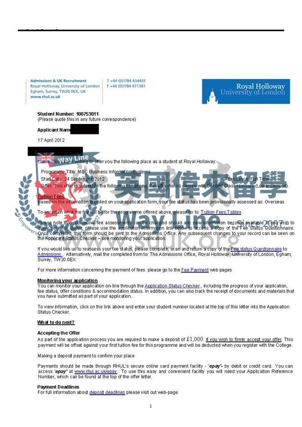 英國倫敦大學皇家霍洛威學院商務信息系統碩士