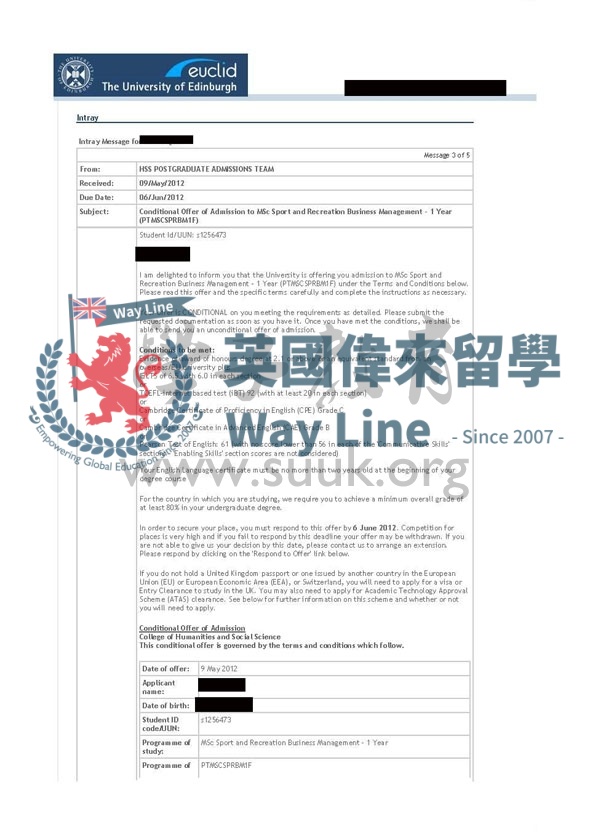 英國愛丁堡大學體育和娛樂業務管理碩士