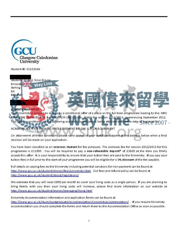 英國格拉斯哥卡里多尼亞大學金融服務，風險管理和運營碩士