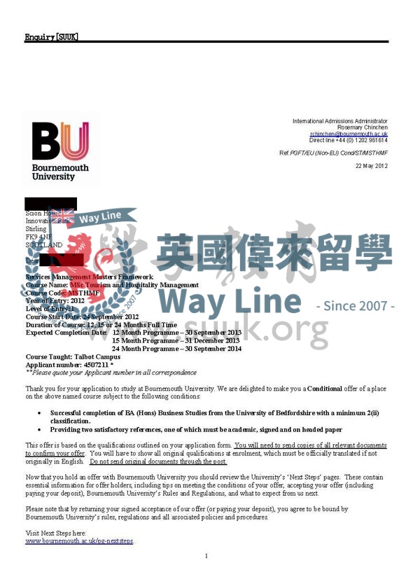 英國伯恩茅斯大學旅遊及酒店管理碩士