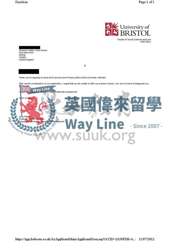 英國布里斯托大學經濟學和金融學碩士