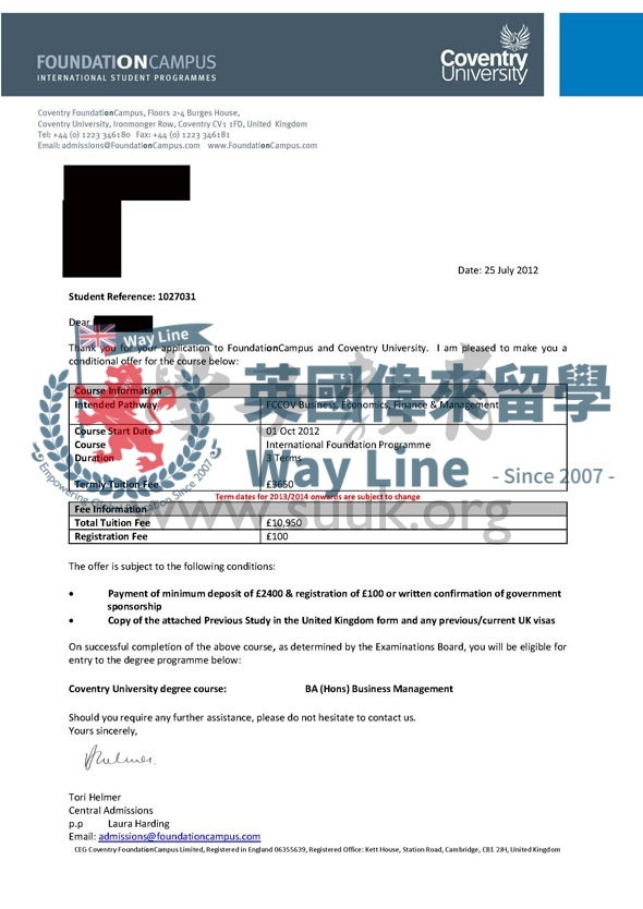英國考文垂大學商務管理本科預科+本科