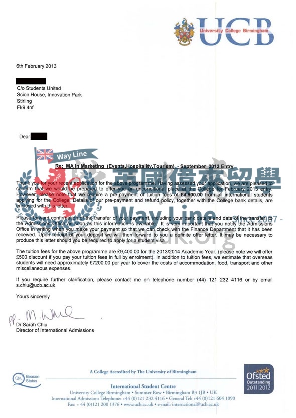 英國伯明翰大學學院市場營銷活動，酒店及旅遊管理碩士