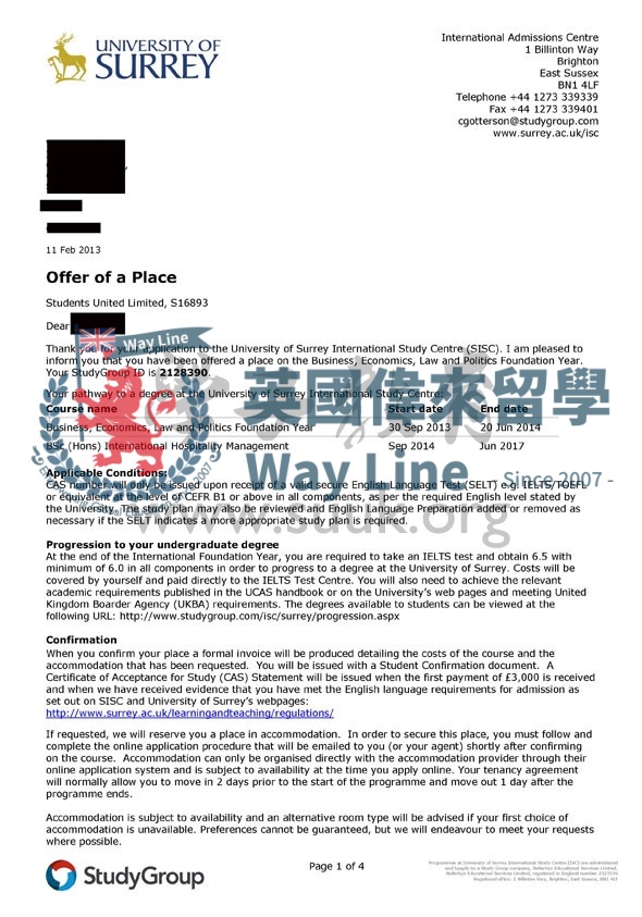 英國薩里大學國際酒店管理本科預科+本科