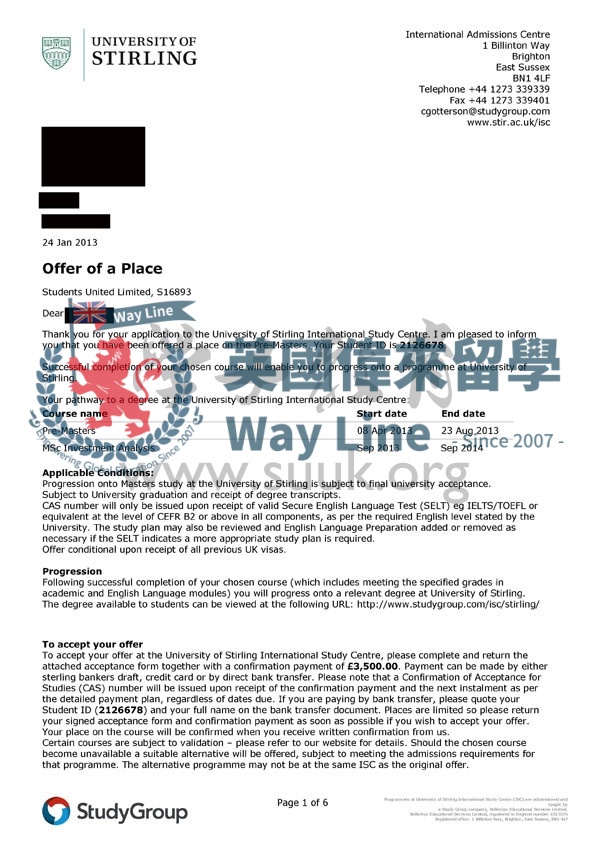 英國斯特林大學投資分析碩士預科+碩士