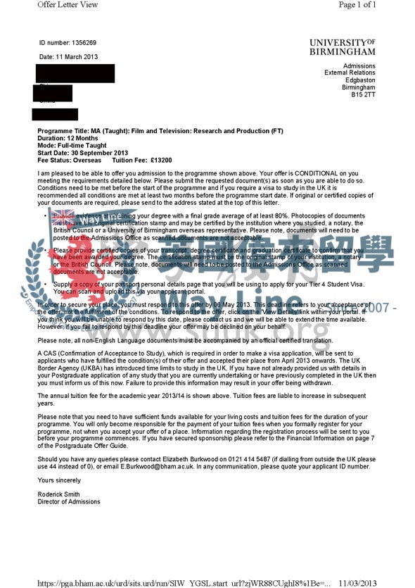 英國伯明翰大學電影和電視研究和生產碩士