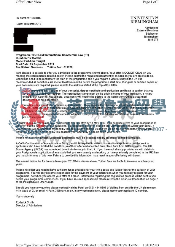 英國伯明翰大學國際商法碩士
