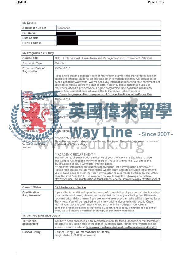 英國倫敦大學瑪麗皇後學院國際人力資源管理和勞資關係碩士