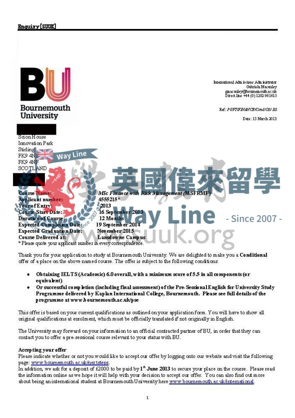 英國伯恩茅斯大學財務與風險管理碩士