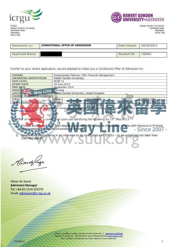 英國羅伯特戈登大學金融管理碩士預科+碩士