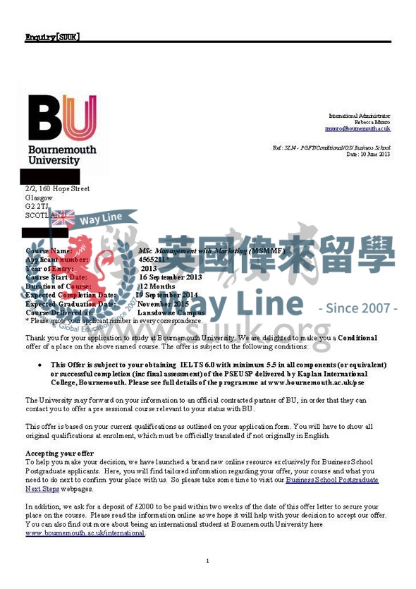 英國伯恩茅斯大學管理與營銷碩士