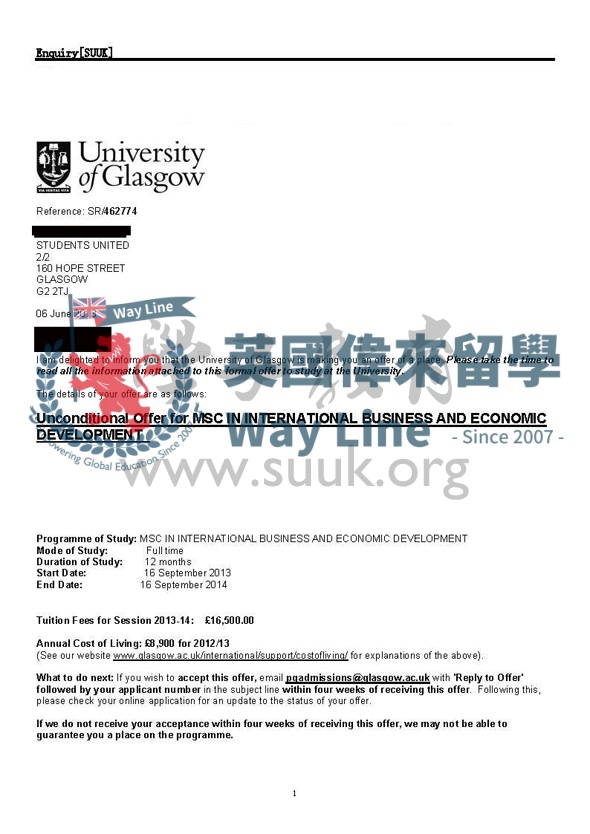 英國格拉斯哥大學國際商業及經濟發展碩士