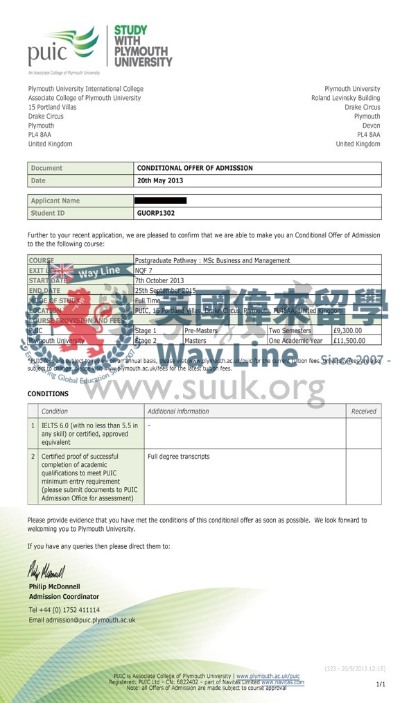 英國普利茅斯大學商業及管理碩士預科+碩士