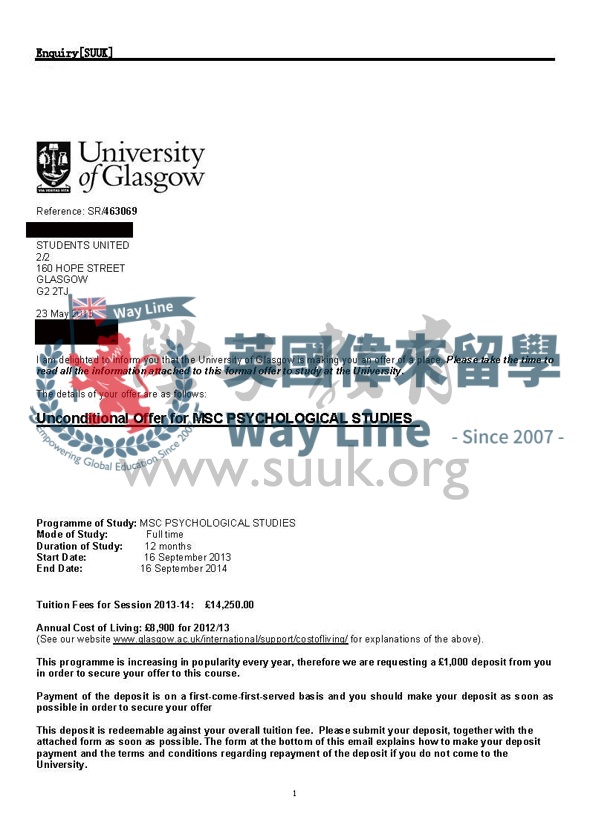 英國格拉斯哥大學心理研究碩士