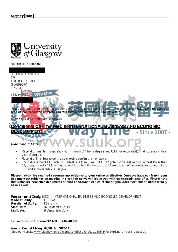 英國格拉斯哥大學國際商業及經濟發展碩士