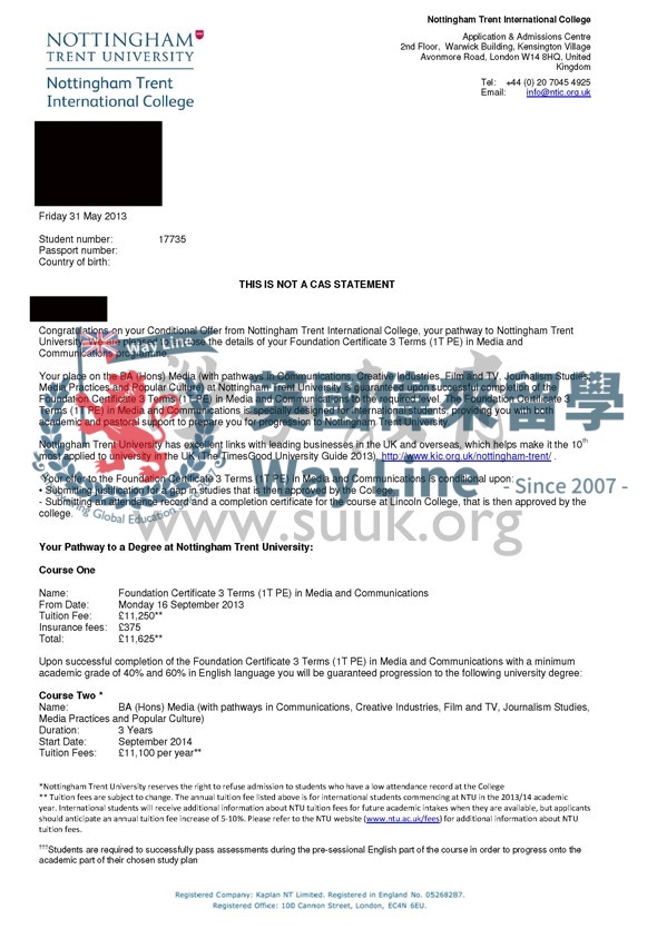 英國諾丁漢特倫特大學傳媒預科+本科