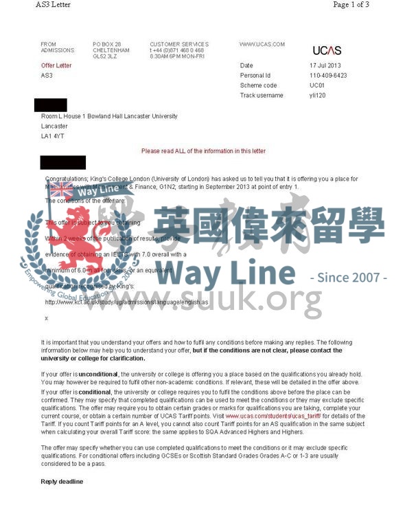 英國倫敦大學國王學院數學與管理及財務本科