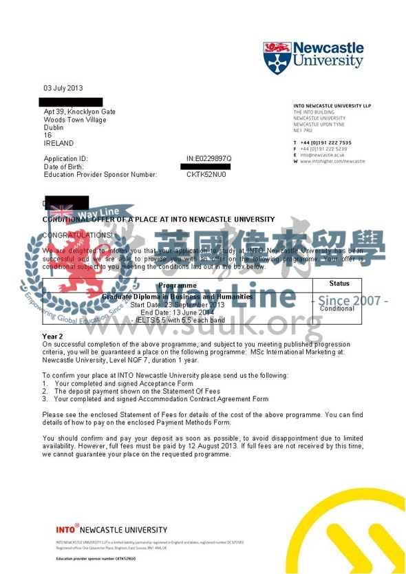 英國紐卡斯爾大學國際市場碩士預科+碩士