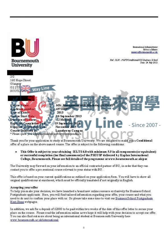 英國伯恩茅斯大學管理與營銷碩士