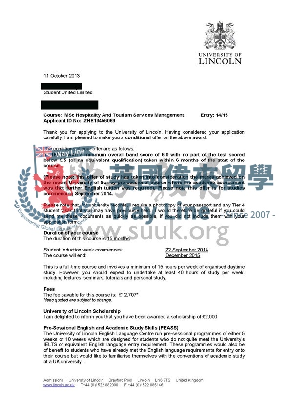 英國林肯大學酒店及旅遊服務管理碩士