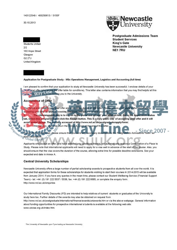 英國紐卡斯爾大學運營管理，物流和會計碩士