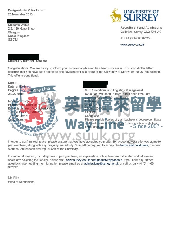 英國薩里大學運作與物流管理碩士