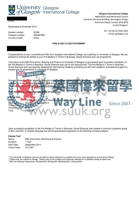 英國格拉斯哥大學經濟學，銀行與金融碩士預科+碩士