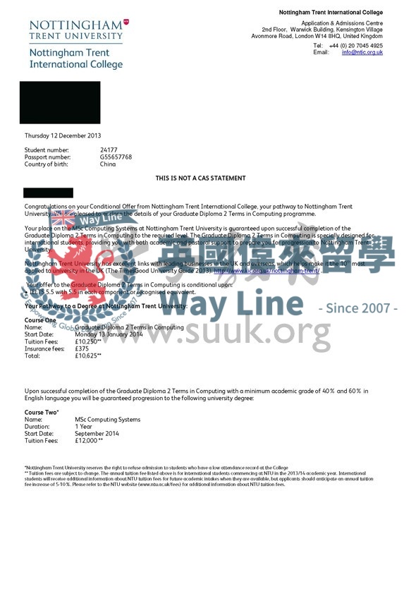 英國諾丁漢特倫特大學計算機科學碩士預科+碩士