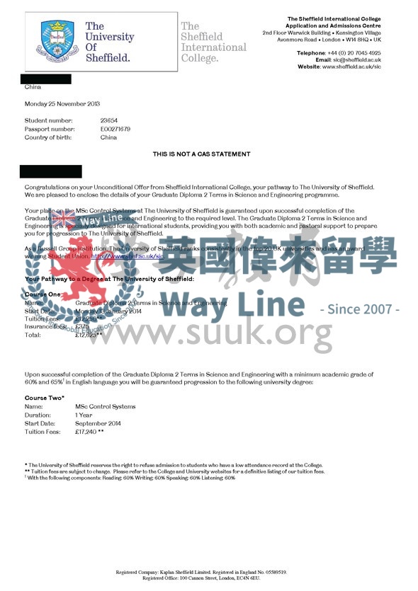 英國謝菲爾德大學控制系統碩士預科+碩士