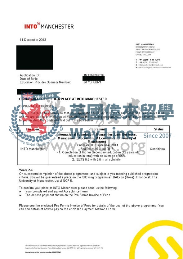 英國曼徹斯特大學金融和經濟本科預科+本科