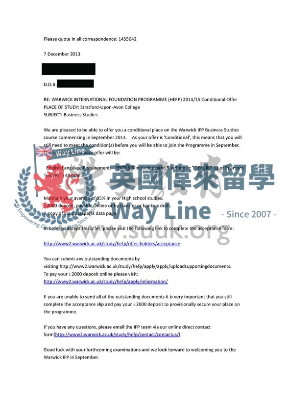 英國華威大學會計和金融本科預科+本科