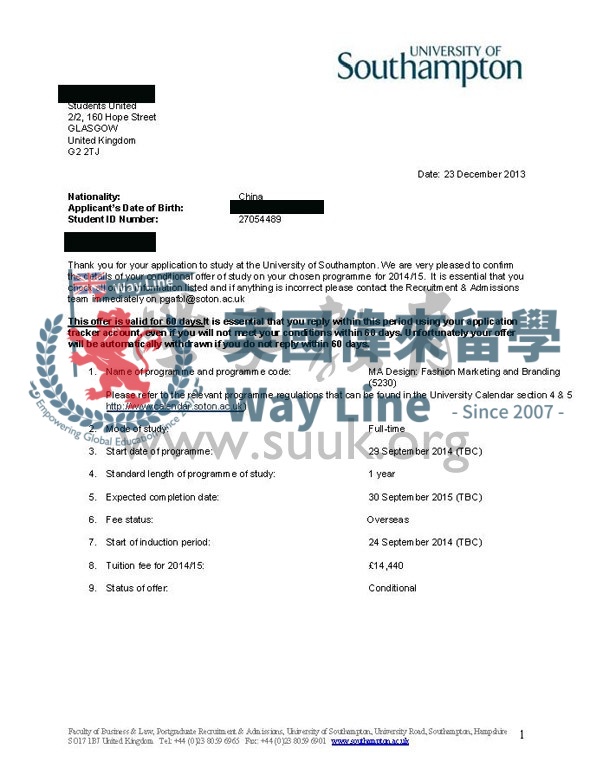 英國南安普敦大學時裝營銷與品牌碩士