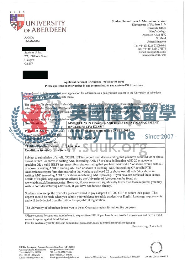 英國阿伯丁大學金融和投資管理碩士