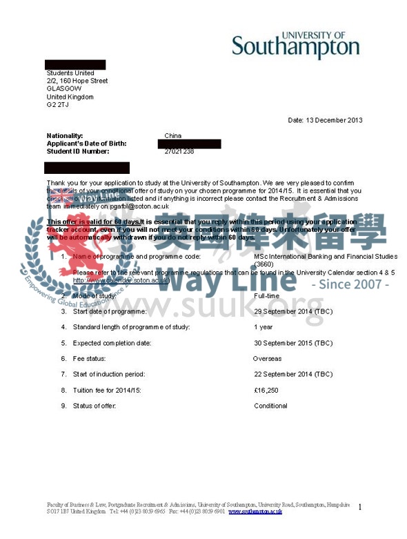 英國南安普敦大學國際銀行及金融研究碩士