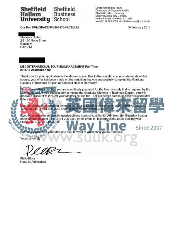 英國謝菲爾德哈勒姆大學國際旅遊管理碩士預科+碩士