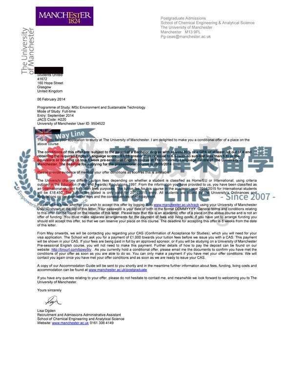 英國曼徹斯特大學環境與可持續發展技術碩士