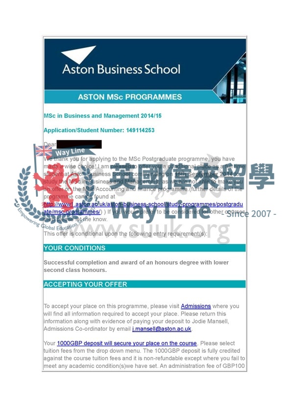 英國阿斯頓大學商務和管理碩士