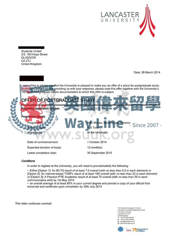 英國蘭卡斯特大學貨幣，銀行和金融碩士