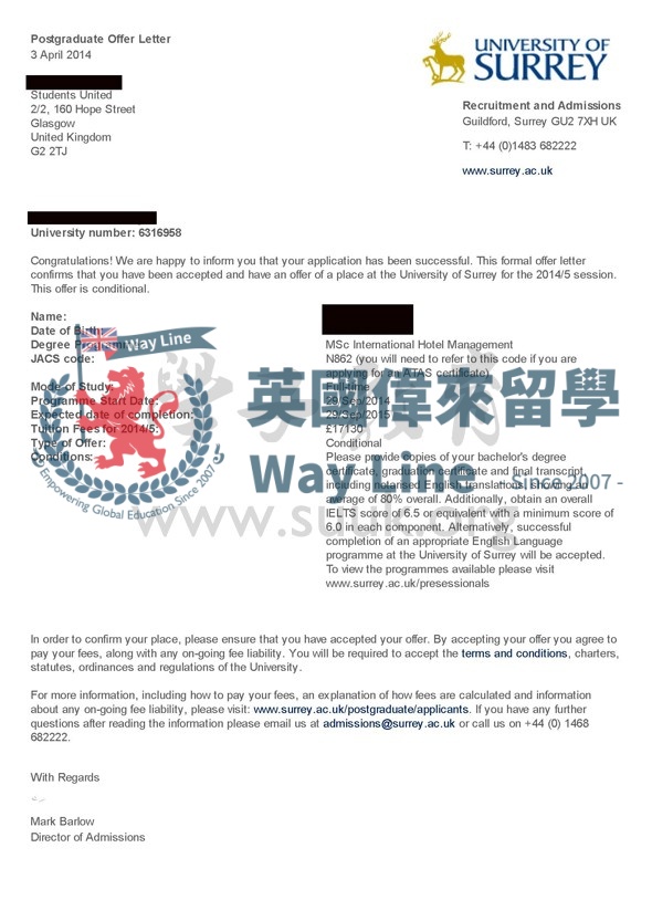 英國薩里大學國際酒店管理碩士