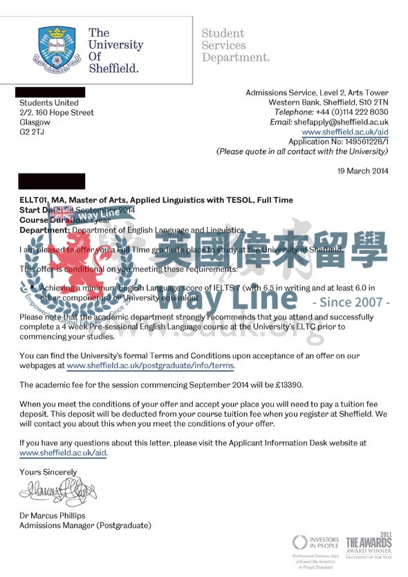 英國謝菲爾德大學應用語言學與英語教學碩士