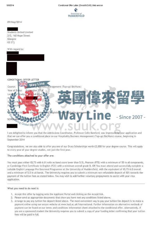 英國哈德斯菲爾德大學酒店商務管理top up