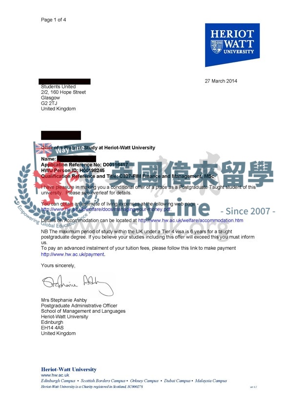 英國赫瑞瓦特大學管理和金融碩士