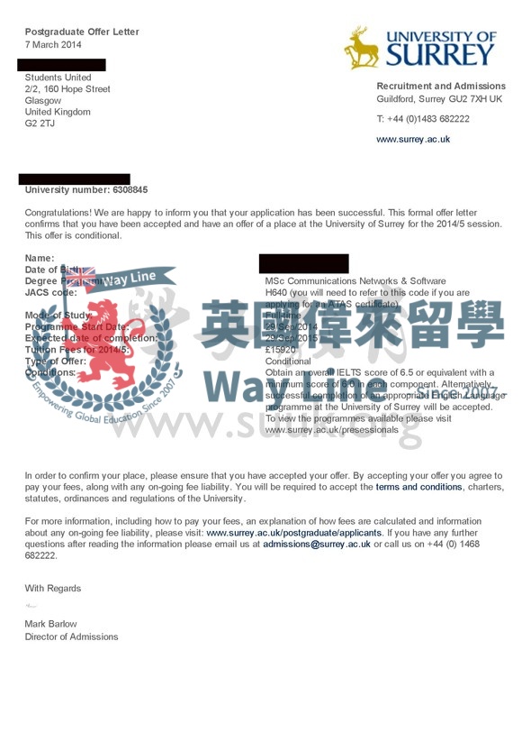 英國薩里大學通信網絡和軟件碩士