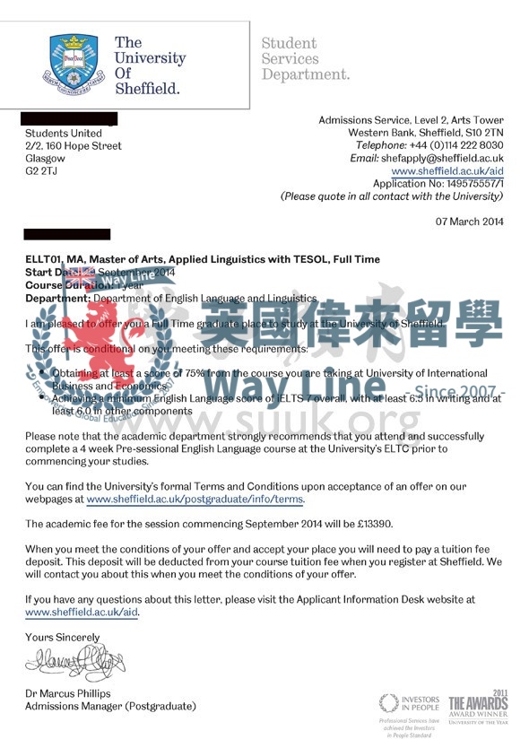 英國謝菲爾德大學應用語言學與英語教學碩士