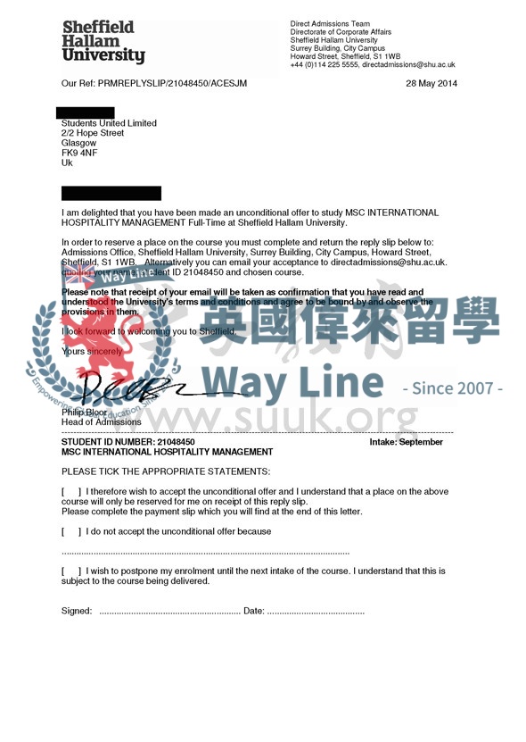 英國謝菲爾德哈勒姆大學國際酒店管理碩士